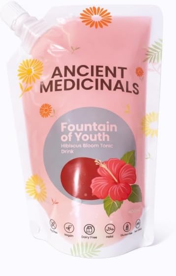 Ancient Medicinals Fountain of Youth Hibiscus Bloom Tonic, Organic Herbal Wellness Drink, 400ml, Vegan, Halal, Gluten-Free