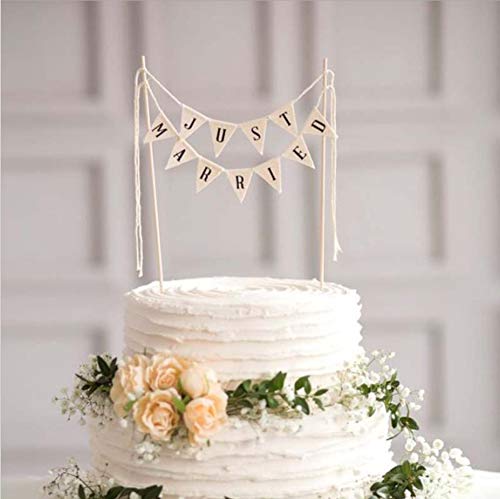 SCHOLMART Just Married Cake Topper, Rustic Cotton Bunting Flags, Preassembled, Silver