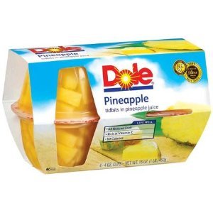 Dole Pineapple Fruit Bowl Tidbits in 100% Pineapple Juice 4 - 4 oz cups (Pack of 6)