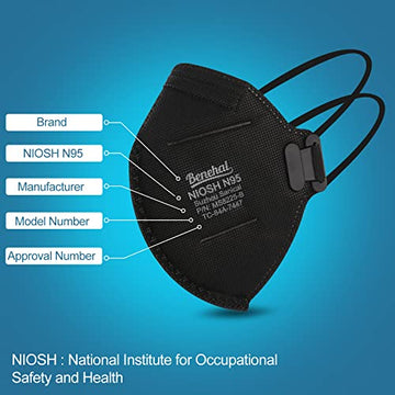 benehal N95 Masks, NIOSH Approved Particulate Respirators, Pack of 50, Individually Wrapped, Black