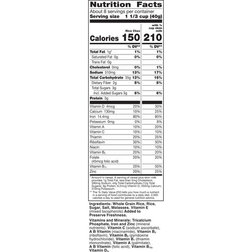Rice Chex Gluten Free Breakfast Cereal, Made with Whole Grain, 12 oz