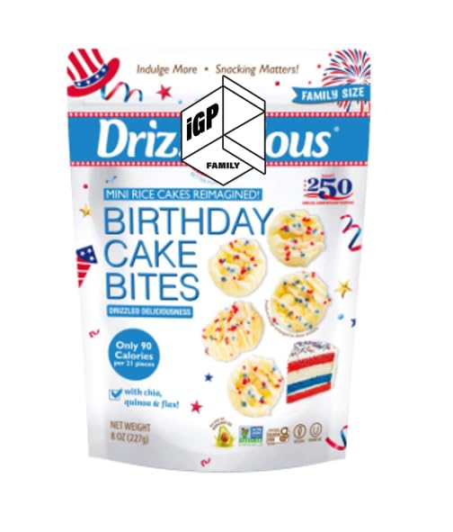 Drizzilicius Birthday Cake USA Bites Mini Rice Cakes 8 oz with IGP Family Packaging Rice Crisps, Healthy Snack for Adults and Ki