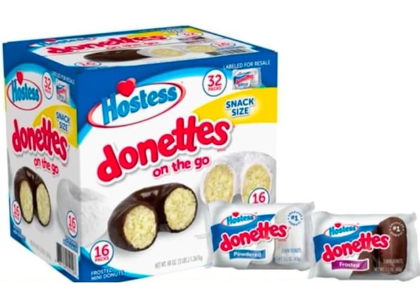 Mini Powdered & Frosted Chocolate Donuts 32 packages in Case 16 Powdered 16 Chocolate.