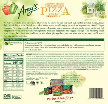 Amys Frozen Pizza, Supreme Vegan Pizza, Made With Organic Flour and Vegetables, Frozen Meals, 14.0 Oz