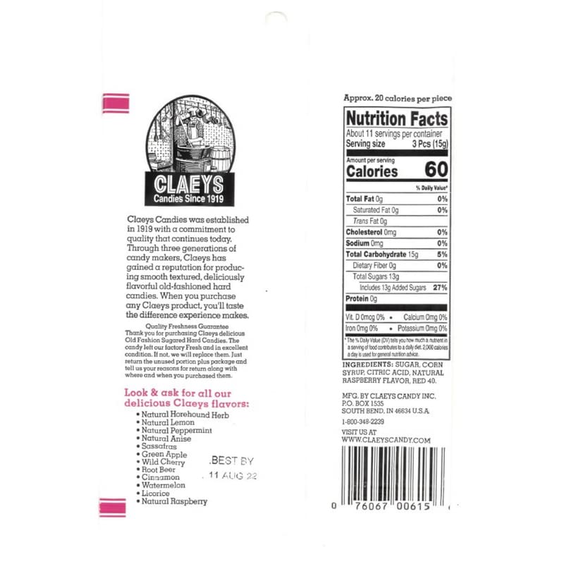 Claeys Old Fashioned Raspberry Hard Candy 6 Oz.