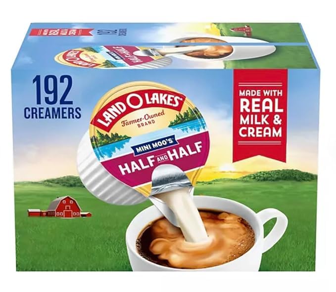Mini Moos Half and Half Creamer Singles, 192 Count-Box, 1 Case ( Packaged by Brewd Coffee ).