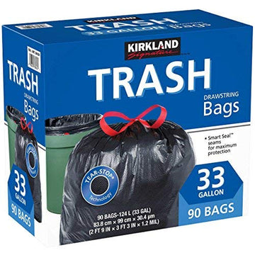 Kirkland Signature 33 Gallon Black Drawstring Trash Bags, 90 Count, Tear-Stop Technology, 100% Recyclable, Polyethylene