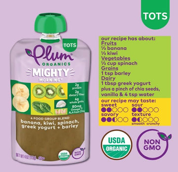 Plum Organics Mighty Morning Organic Toddler Food - Banana, Kiwi, Spinach, Greek Yogurt, and Barley - 4 oz Pouch (Pack of 12) -