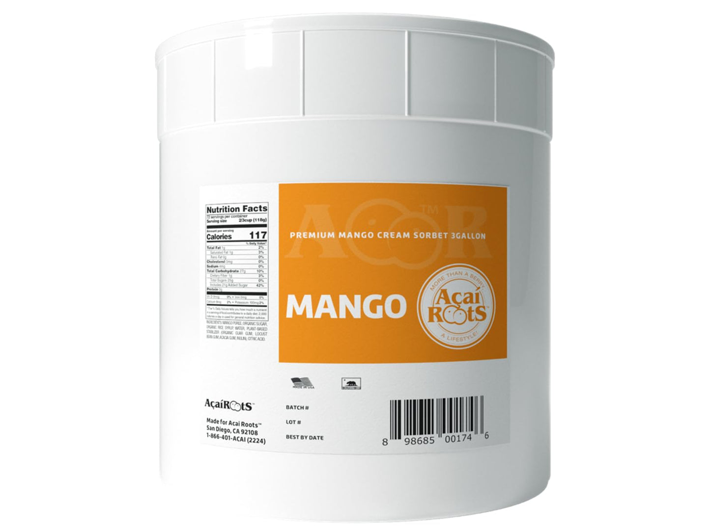 Acai Roots Mango Cream Sorbet, 3 Gallon - 1 each.