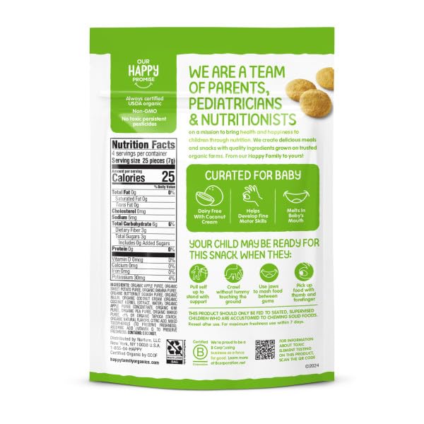 Happy Baby Organic Creamies Freeze Dried Fruit, Veggie, & Coconut Cream Snacks, With Apple, Sweet Potato, And Kiwi, Made For Crawling Baby, 1 Ounce (Pack Of 8)