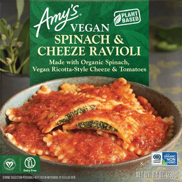 Amys Frozen Meals, Vegan Spinach Ravioli Pasta Bowl, Made With Organic Spinach, Vegan Ricotta-Style Cheeze, and Tomatoes, Micro