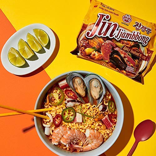 Ottogi Jin Jjamppong, Korean Style Spicy Seafood Ramen Instant Noodle, 4.58Oz X 8 Pack
