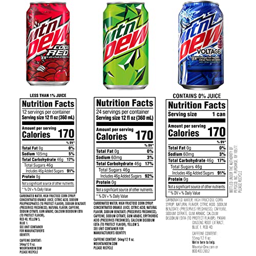 Mountain Dew 3 Flavor Variety Pack - Dew, Code Red, Voltage, 12 Fl Oz, Pack of 18