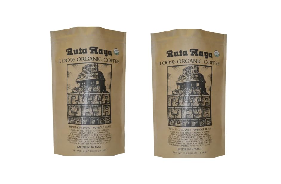 Ruta Maya Organic Medium Roast Whole Bean Coffee, 2 Pack (2.2 lbs total) - 35.2 Ounce Each