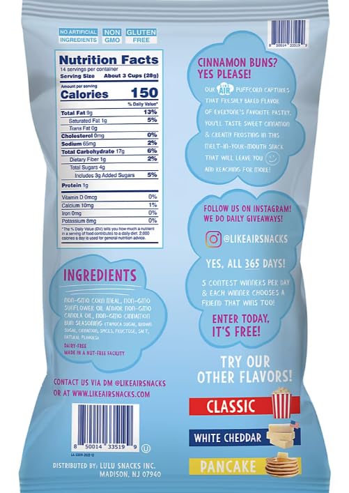 Party Size Like Air Cinnamon Bun Puffcorn 14 Oz. 50 Calories Per Cup Bulk