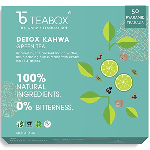 Teabox Detox Kahwa Green Tea 50 Teabags | Made With 8 Natural Ingredients | Helps Cleanse | Immunity Booster | Cold Relief | 100% Bio Degradable Teabags.
