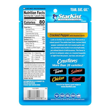StarKist Tuna Creations ed Pepper with Roasted Garlic 2.6 oz Pouch(24 Pack) Ready to Eat Wild Caught Tuna 15g Protein 80 Calories Per Serving Gluten Free Soy Free Perfect for Salads Meals&Snacks