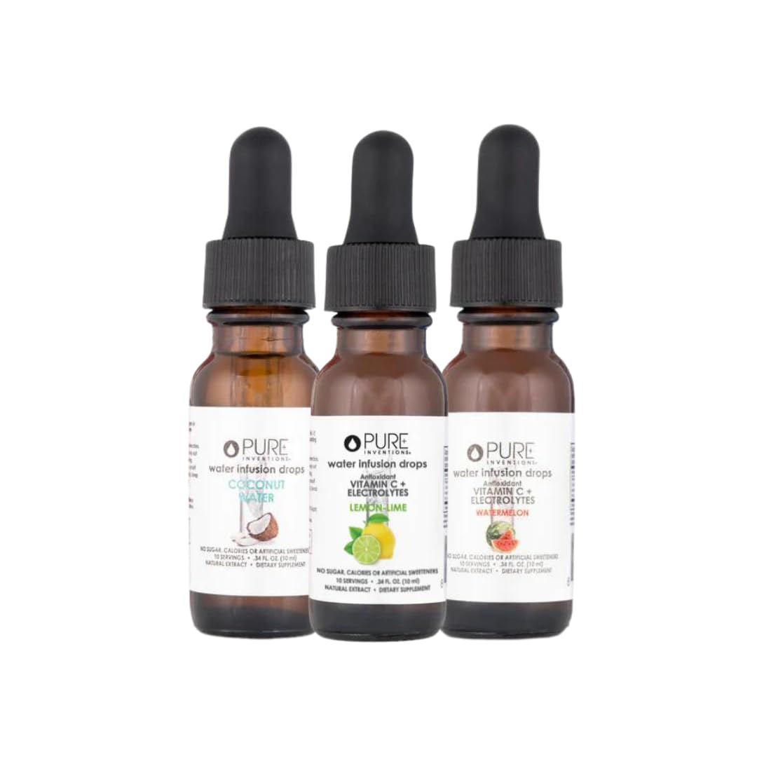 Pure Inventions - Coconut Water Lemon Lime & Watermelon Water Infusion Drops - Antioxidants Vitamin C & Electrolytes - Health & Wellness - Immunity Support -Sugar Free Zero Calorie -12 Servings Ea.