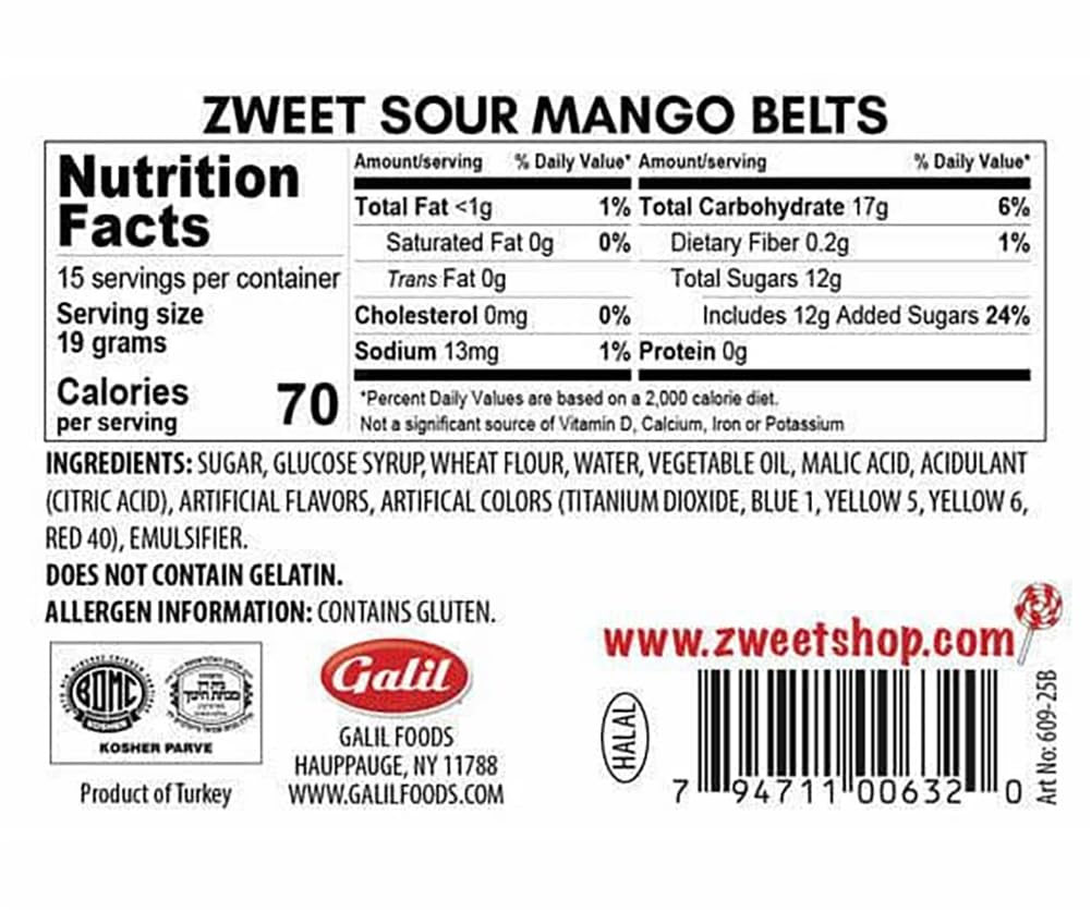 Zweet Sour Mango Candy Belts 10 Ounce - Sour Kosher Candy, Halal Candy Belts - Resealable Pack Of Sour Licorice Belts (Pack Of 3