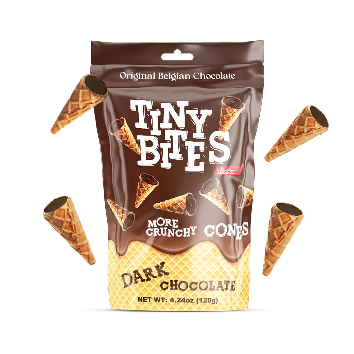 Tiny Bites Crispy Mini Waffle Cones - Top-Grade Belgian Chocolate Treats 4.24 Oz Bag (Pack Of 2) - Dark Chocolate
