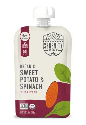 Serenity Kids 6+ Months Usda Organic Veggie Puree Baby Food Pouches - No Added Sugar Or Fruit & Bpa-Free & Allergen-Free - Sweet Potato & Spinach Baby Snacks - 3.5 Oz, 12 Pack