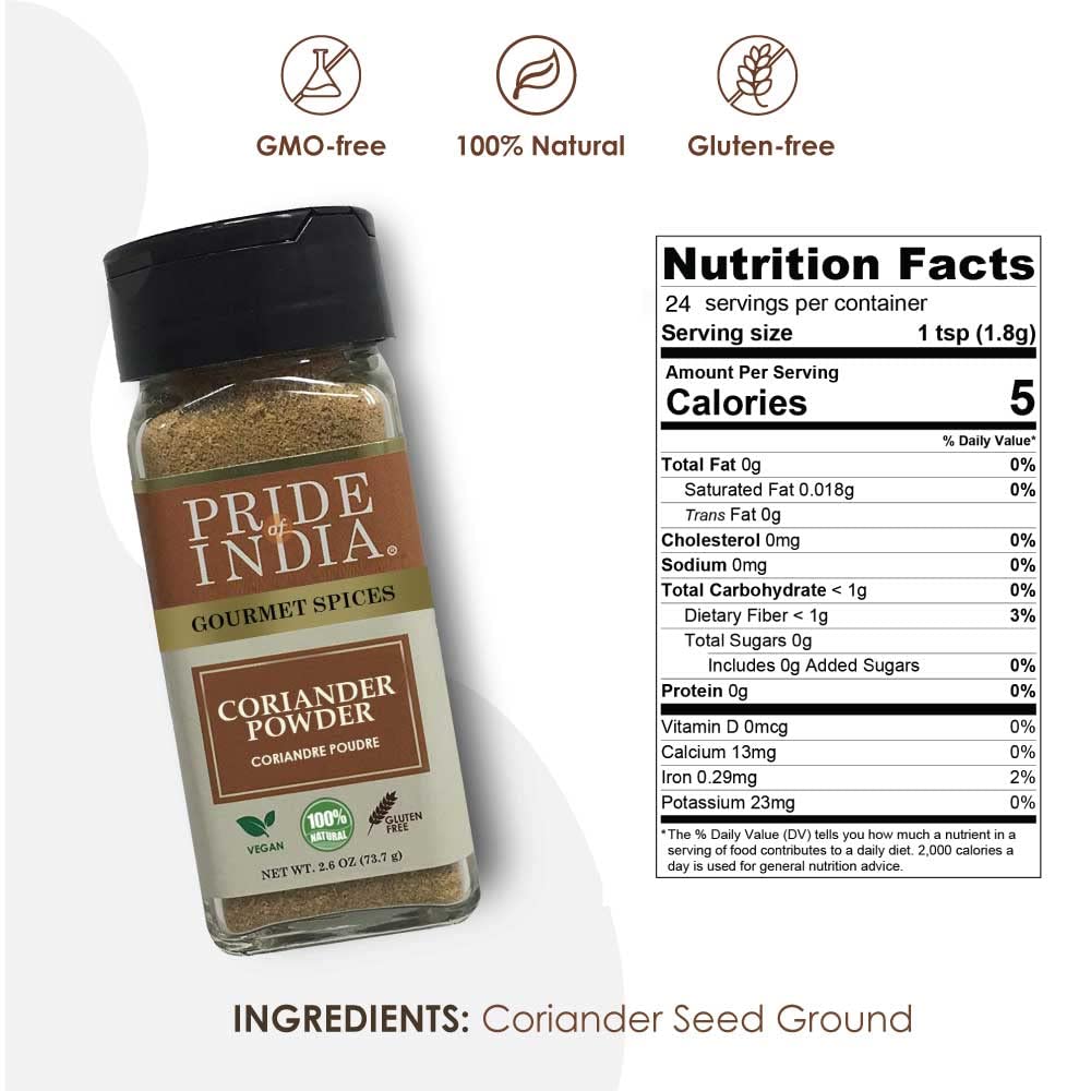 Pride Of India – Coriander Seed Ground – Authentic Indian Spice – Freshly Packed Gourmet Spice – Must Ingredient In Indian & Middle Eastern Cuisines – Easy To Use – 2.6 Oz. Small Dual Sifter Jar