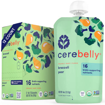 Cerebelly Organic Baby Food Pouches, Broccoli Pear Purees, 16 Nutrients, No Added Sugar, Fiber & Non-Gmo, 4Oz, 12 Pack