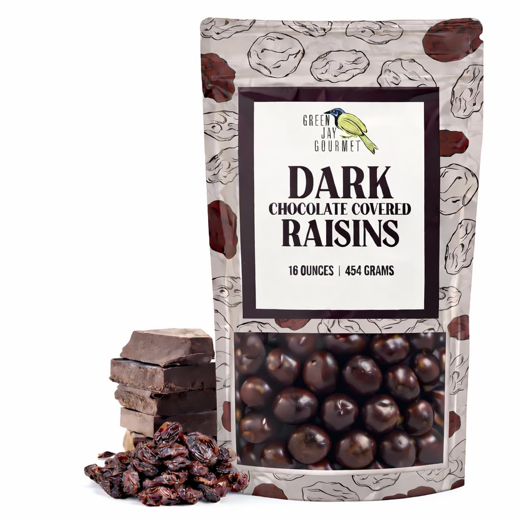 Green Jay Gourmet Dark Chocolate Raisins - Handmade & Fresh Dark Chocolate Covered Raisins - Great Gift For Chocolate Lovers - 16 Ounce Resealable Bag