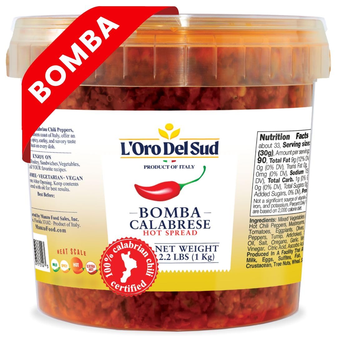 Calabrian Burst Itema Hot Pepper Sauce 2.2 Lb (1 Kg) Certified Authentic Burst Itema Calabrese Spicy Mixed Vegetable Spread Product Of Italy LOro Del Sud