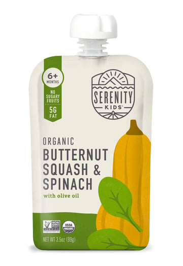 Serenity Kids 6+ Months Veggie Puree Baby Food Pouches - Usda Organic No Added Sugar - Butternut Squash & Spinach Blend - Bpa & Allergen Free - 3.5 Oz, 6 Pack