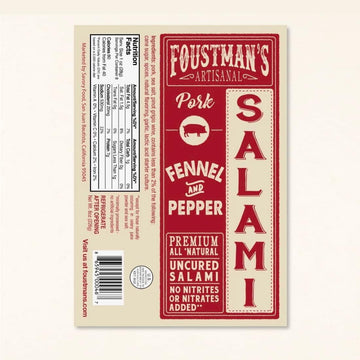 Foustmans Salami Pork Fennel and Pepper Artisanal, Nitrate-Free, Naturally Cured, Gluten-Free, Dairy-Free, Pack of 6, 8 Oz Each