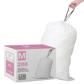 Simplelisa Code M (200 Count) 12 Gallon Heavy Duty Drawstring Plastic Trash Bags Compatible With Code M 1.2 Mil White Garbage
