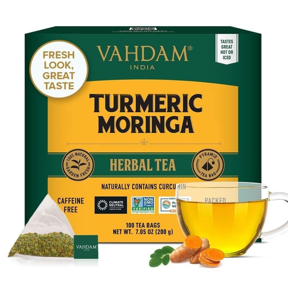 Vahdam Turmeric Moringa Herbal Tea Bags (100 Count) Energy Blend Free Non Gmo Gluten Free | 100% Pure Herbal Blend - Sweet & Earthy | Whole Loose-Leaf Tea Bags | Resealable Ziplock Pouch