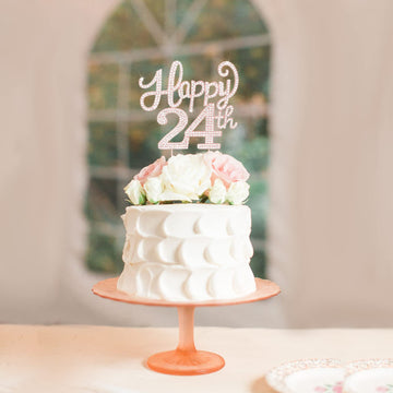 Laskyer 24Th Birthday Party Decorations,Happy 24Th Rose Gold Rhinestone Cake Topper Centerpieces - Cheers To 24 Years Old Bday A