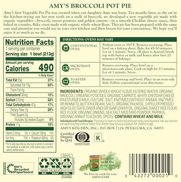 Amys Frozen Meals, Broccoli Pot Pie with Cheddar Cheese Sauce, Made With Organic Vegetables, Microwave Meals 7.5 Oz