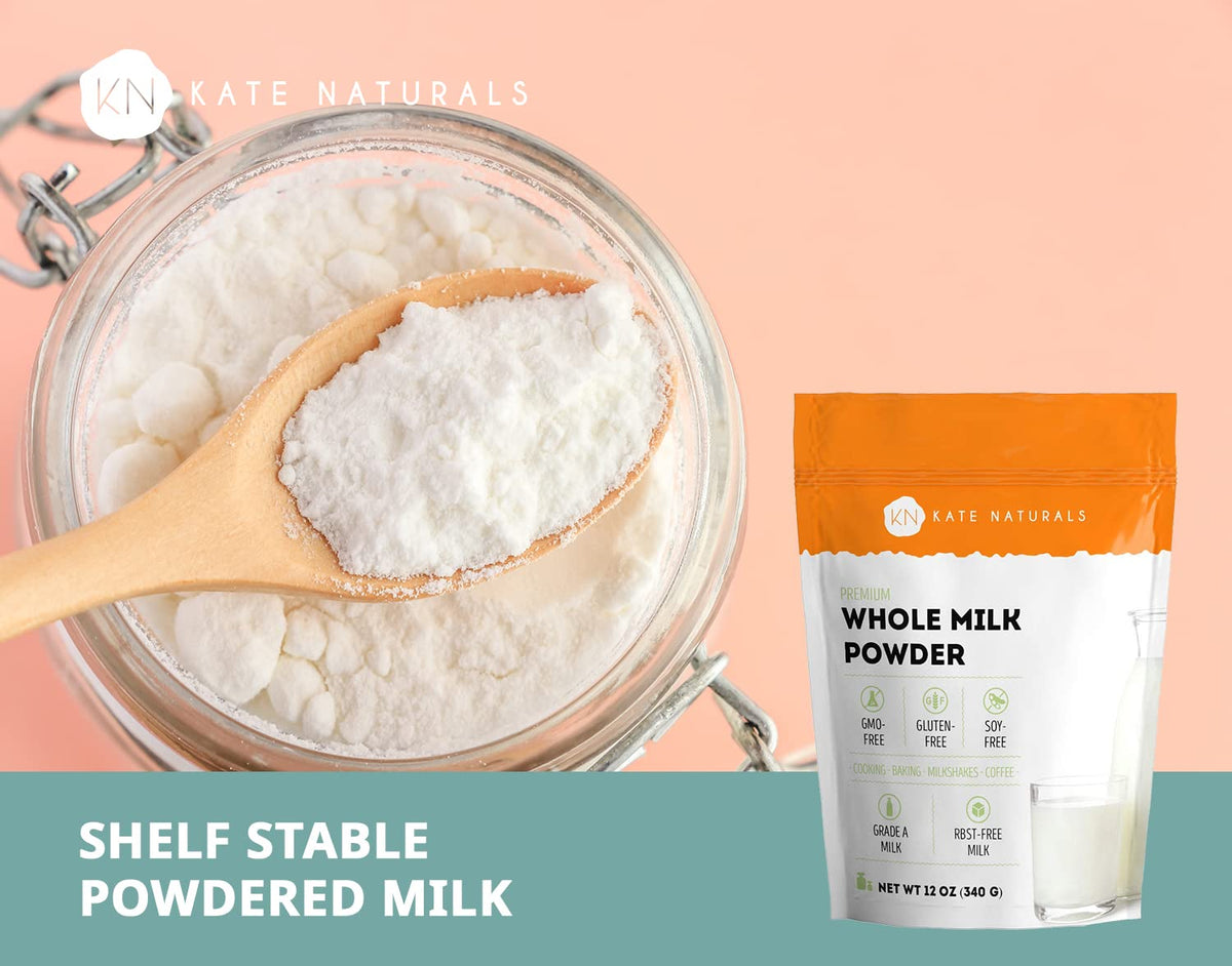 Kate Naturals Dry Whole Milk Powder for Baking & Coffee, 12oz - RBST-Free, Made in USA