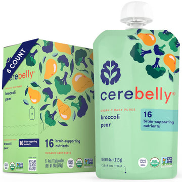 Cerebelly Organic Baby Food Pouches, Broccoli Pear Purees, 16 Nutrients, No Added Sugar, Fiber & Non-Gmo, 4Oz, 6 Pack