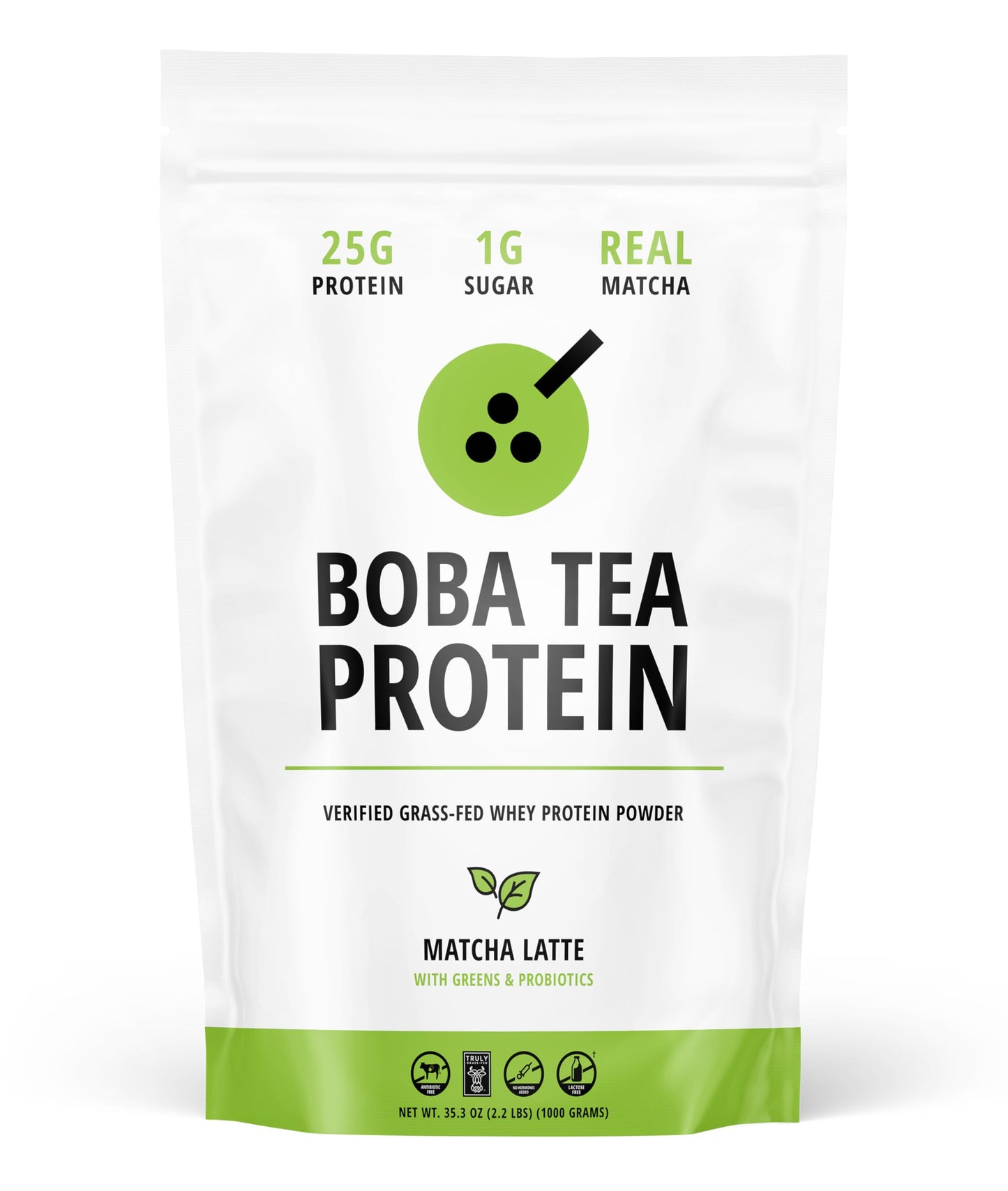 Boba Tea Protein Matcha Latte | 25G Grass-Fed Whey Protein Isolate Powder | Gluten-Free & Soy-Free Bubble Tea Protein Drink | Real Ingredients & Lactose-Free Protein Drink | 19 Servings