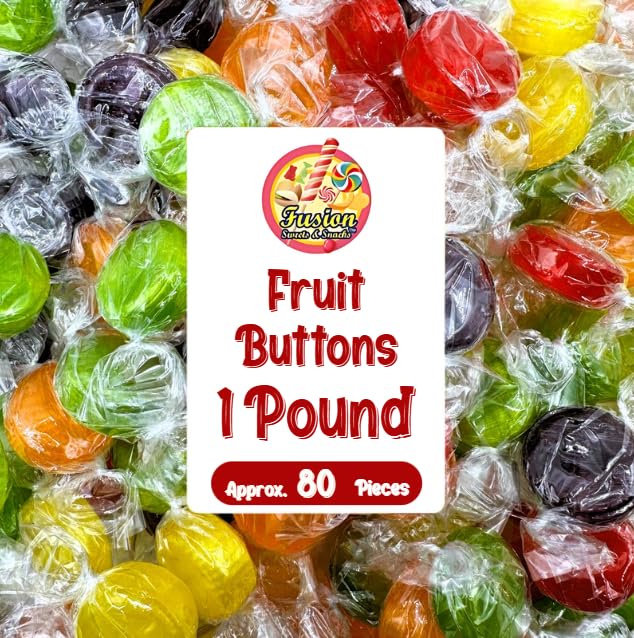 Assorted Fruit Buttons Hard Candy - 1 Pound Bulk Bag (Approx 80 Pieces) - Individually Wrapped Fruit Discs Hard Candies