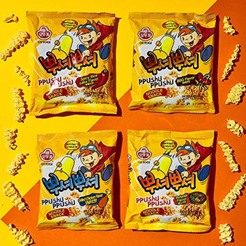 Ottogi PPUSHU Noodle Snack Variety Pack - BBQ, Bulgogi, Grilled Chicken, Spicy Rice Cake Flavors - 4 Pack, 3.17 Ounce Each