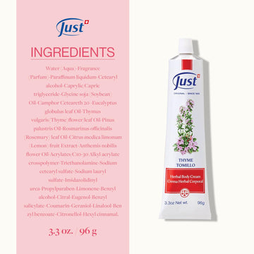 SwissJust Thyme Cream Massage Cream with Camphor, Essential Oils - 3.3 oz