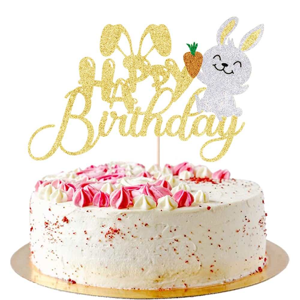 Arokippry Happy Birthday Easter Cake Topper- Easter Bunny Theme Party? Baby Shower?Kids Happy Birthday?Rabbit Cake Pick Bunny Ear Cake Decorations (Gold)