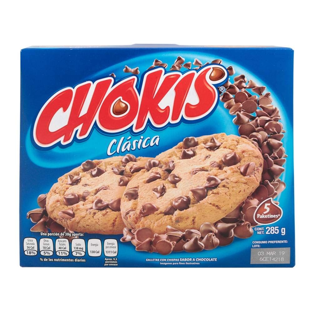 Gamesa Chokis, Irresistible Mexican Cholocate Chip Cookies, 1 box (5 individual bags). Great for lunch, camping, snack. Kids fav
