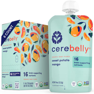 Cerebelly Organic Baby Food Pouches, Sweet Potato Mango Purees, 16 Nutrients, No Added Sugar, Fiber & Non-Gmo, 4Oz, 6 Pack