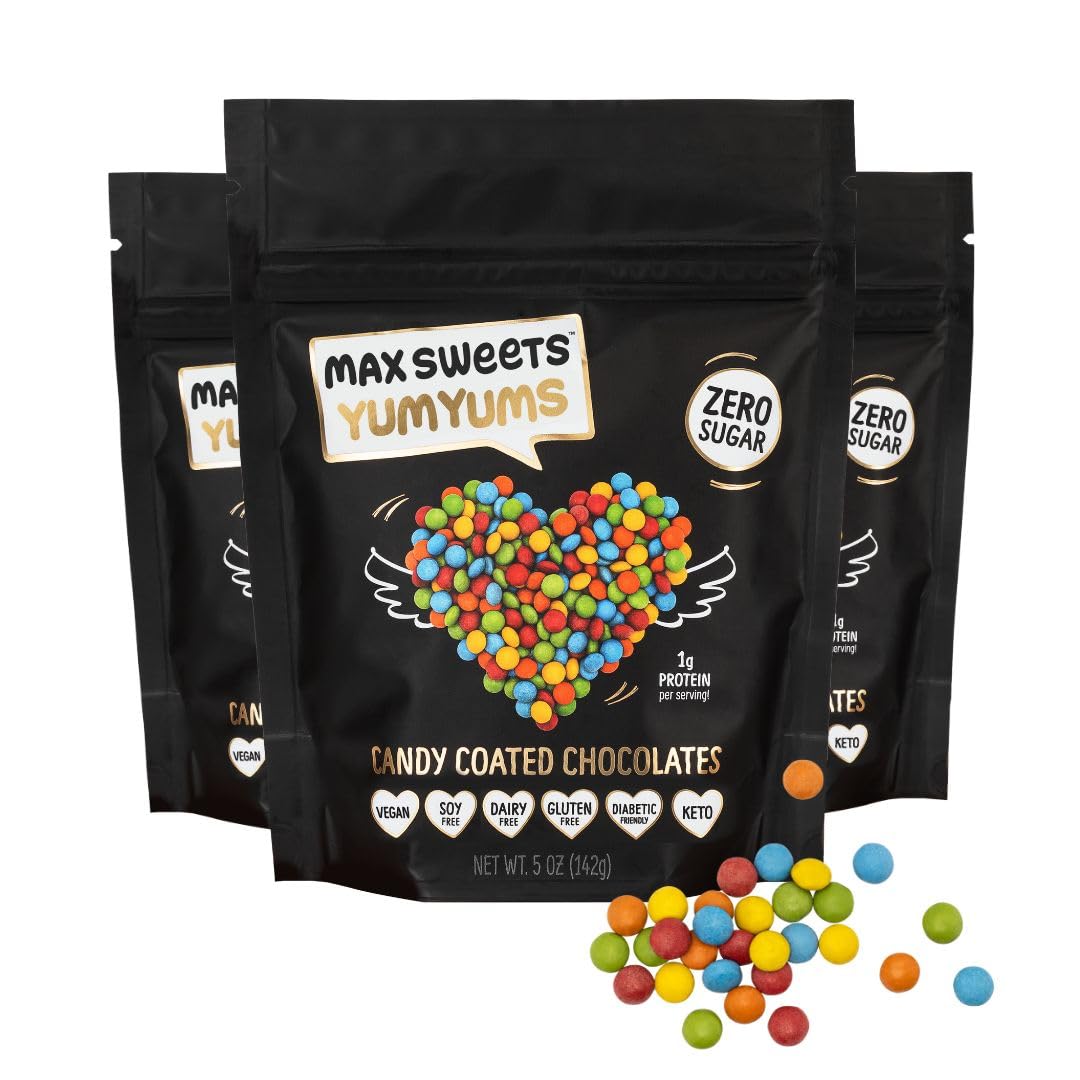 Max Sweets Dark Chocolate Yumyums - Delicious Sugar Free Candy Ideal For Keto Gluten Free Diaplayic Low Carb No Sugar Diets - Vegan Chocolate With Candy Coating - 3 Pack