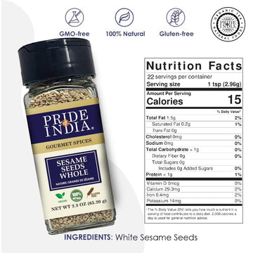 Pride of India | Sesame Seed Whole 2.3 oz (65.20 gm) Small Dual Sifter Bottle | Unhulled & Fresh | Keto-Friendly/Gluten-Free | R