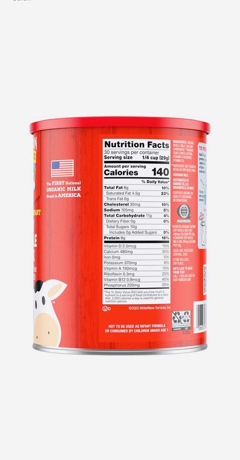 Horizon Organic Instant Dry Whole Milk, 960 Grams