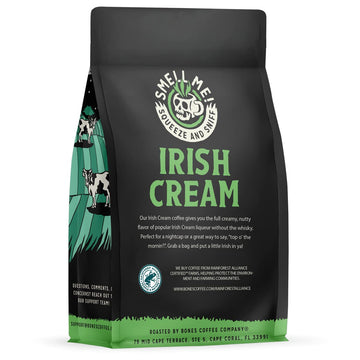 Bones Coffee Company Irish Cream Creamy Flavored Whole Coffee Beans Nutty Flavor | 12 Oz Medium Roast Low Acid Gourmet Coffee | Flavored Coffee Gifts & Beverages (Whole Bean)