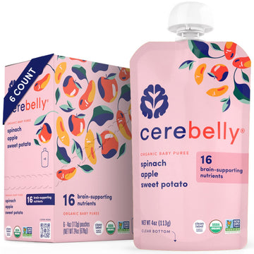 Cerebelly Organic Baby Food Pouches, Spinach Apple Sweet Potato Purees, 16 Nutrients, No Added Sugar, Fiber & Non-Gmo, 4Oz, 6 Pack