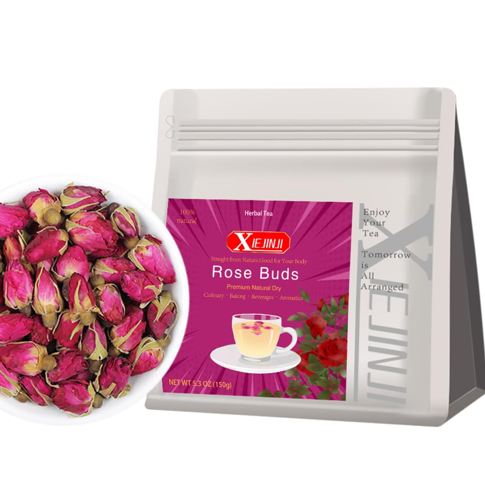 Xiejinji Rose Tea - 100% Pure Loose Dried Rose Buds(5.3Oz/150G) - Food Grade Natural Herbal Tea Energy Blend Free Sugar Free Resealable Bag